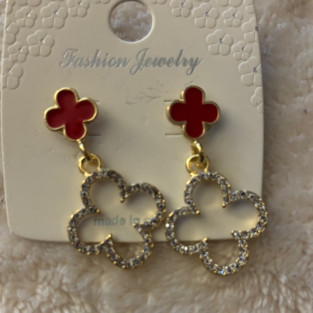 Gold-Tone Red Clover Drop Earrings with Crystal Accents